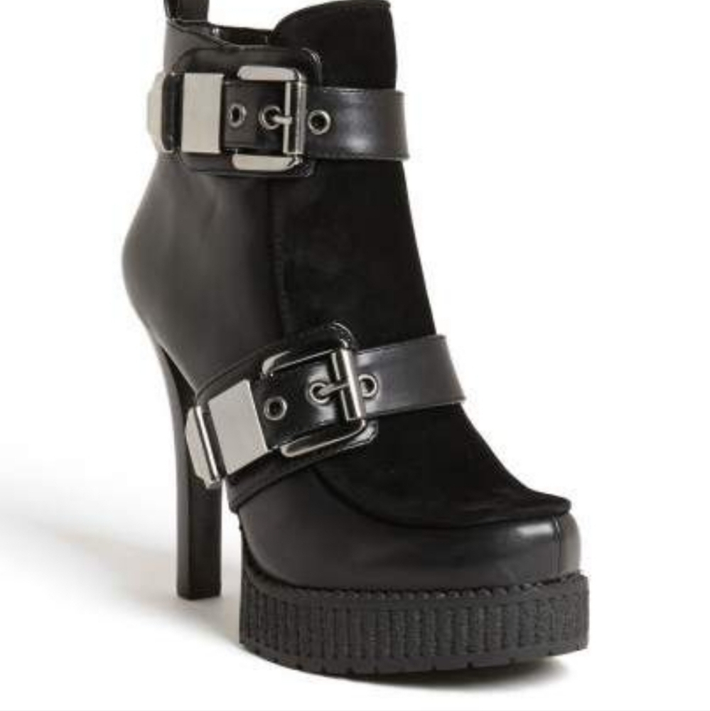 New BCBG Black Heeled Ankle Boots with Buckle Detail